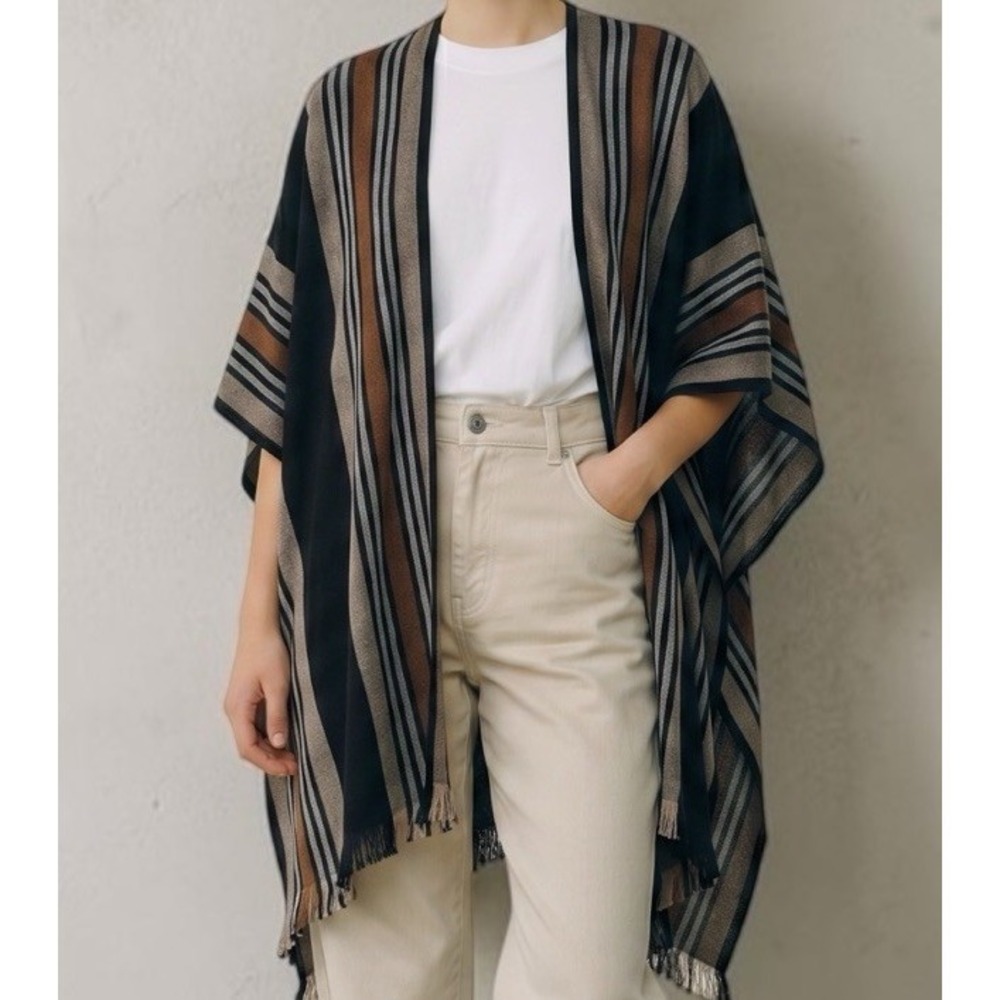 Treasure & Bond Black Striped Open-front Kimono Caftan Boho Cover-up Women's OS